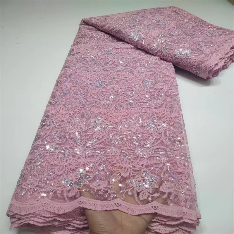 

Африканская кружевная ткань с французскими блестками, нигерийский Розовый Тюль с вышивкой, Сетчатое кружево для шитья женского платья, высокое качество, 5 ярдов