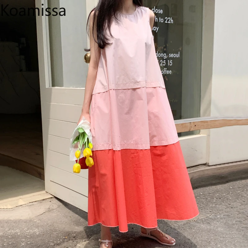 

Koamissa Patchwork Women Dress Korean Chic Summer Loose Causal Maxi Dresses Female Layered Sleeveless Vest Dress New Vestidos