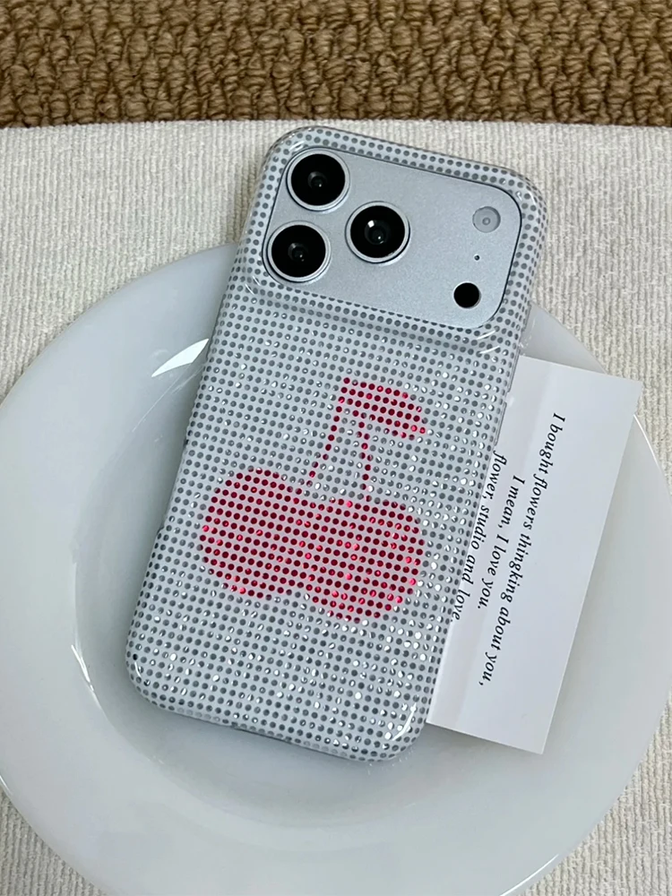 Stylish Rhinestone Cherry Glitter Phone Case - Glossy White & Hot Pink