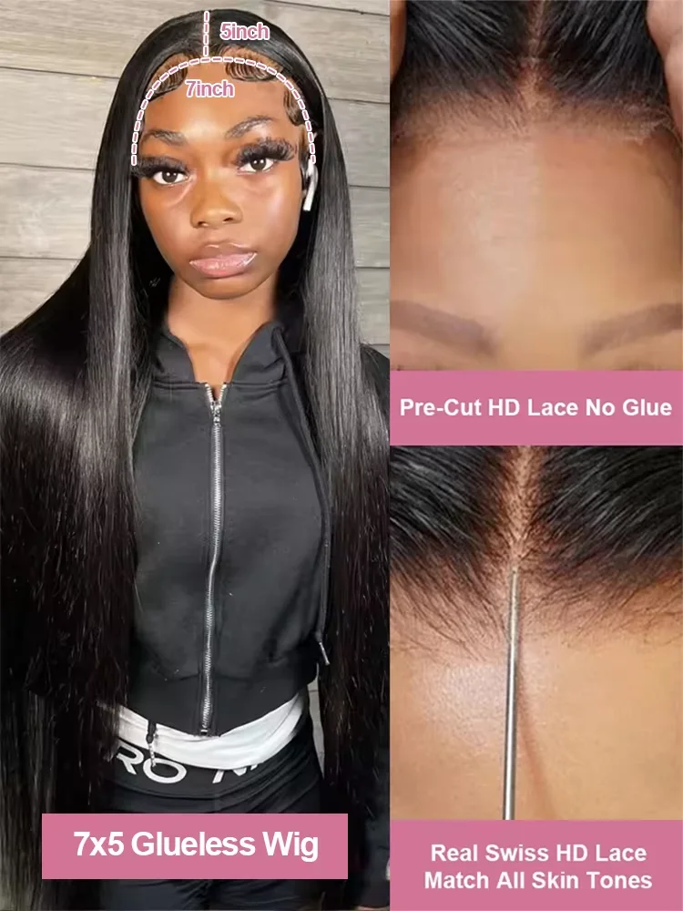 40 46 Inch Bone Straight 7x5 Glueless Wigs Human Hair Ready Wear And Go Pre Cut Lace 100% Human Hair 13x4 No Glue Silky Hair Frontal Wigs For Women 300 High Density Brazilian Preplucked Hairline 3-5 Day Fast Delived 5