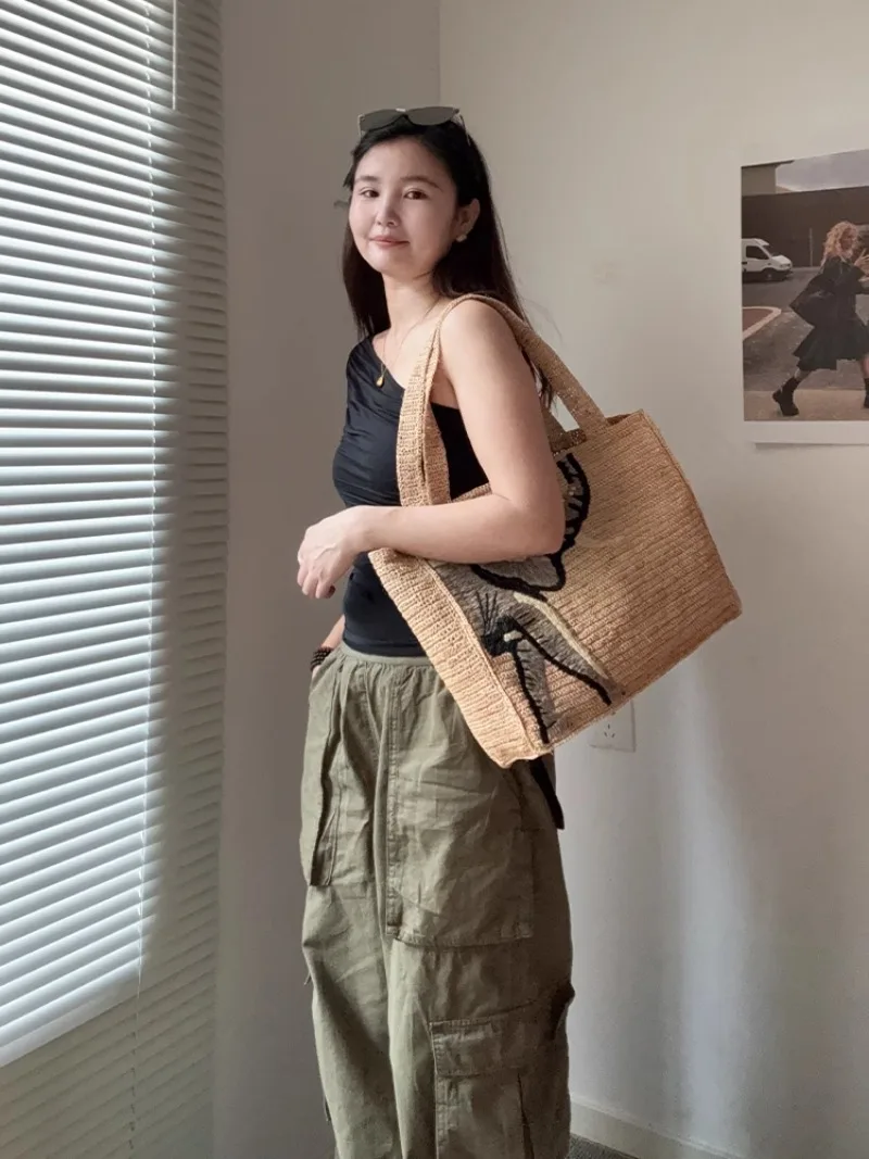 Casual Woven Messenger embroidery Shoulder Bag Summer Beach Handbag Lafite Women Large Capacity Straw Weave Leisure Travel Bag