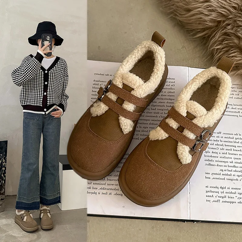 

Туфли женские на меху, лоферы, круглый носок, без застежки, на низком каблуке, на шнуровке, в стиле ретро, Осень-зима