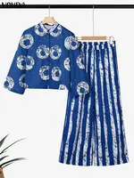 5XL VONDA Plus Size 2 Piece Outfits Autumn Women Bohemian 3/4 Sleeve Fashion Shirts Wide Leg Pants Print Vintage Pant Sets 2PCS - Image 4