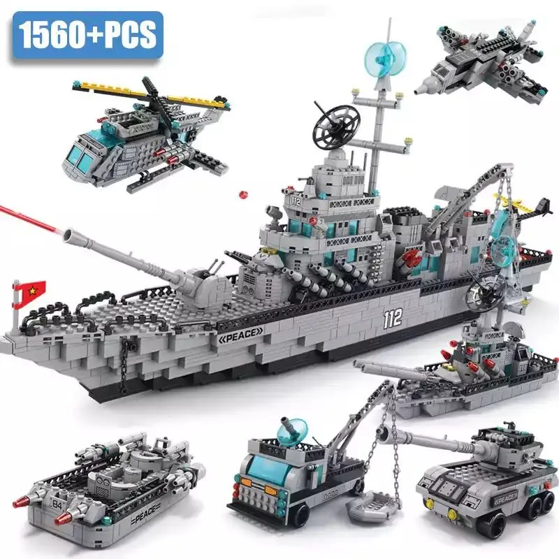

1560pcs 6In1 Navy Battleship With Helicopters Warship Building Blocks Solider Figures Bricks Toys Gift For Children Kids Boys