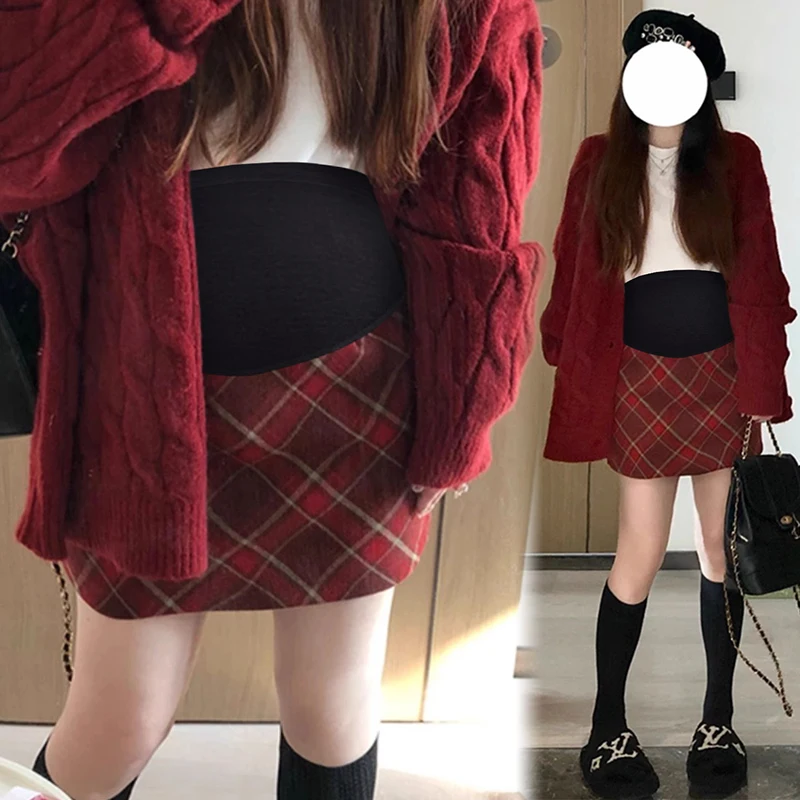 Autumn Winter Maternity Red Plaid Skirt Japanese Style High Waist Pregnant Woman Mini Skirt Slim Pregnancy Woolen A-line