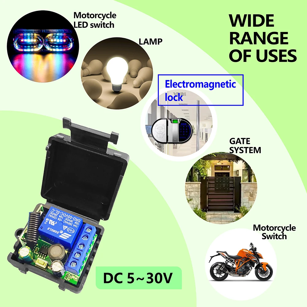 RF 433Mhz 무선 원격 제어 스위치 DC 5V 12V 24V 30V 릴레이 모듈 및 전자기 잠금 램프 LED 용 500M 송신기
