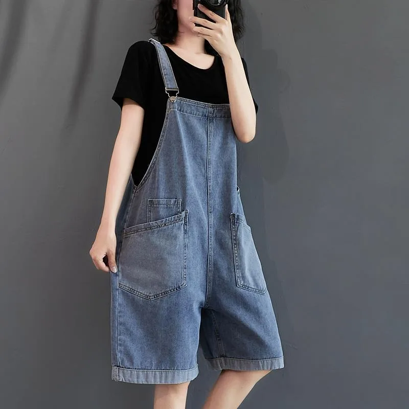 Strappy Pants Large Size Women Large Pockets Loose Cowboy Shorts Summer Autumn Skinny Five-minute Pants Suspend Wide-leg Pants