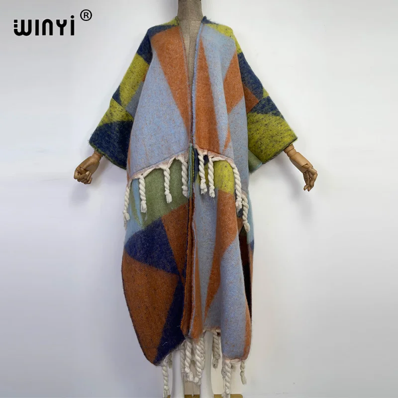 WINYI 2022 Winter Women tassel Cardigan coat Loose Christmas dress robe longue Thick Warm free size Middle East Female Kaftan