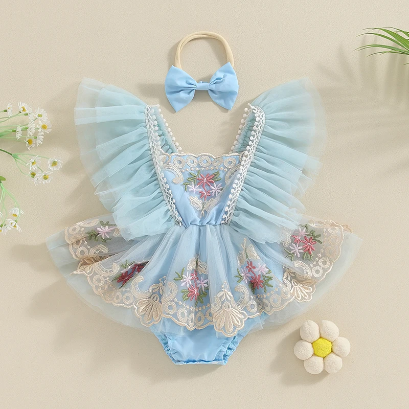 

2pcs Newborn Girl Romper Dress Outfit Fly Sleeve Embroidery Flower Tulle Patchwork Romper with Bow Hairband Cute Summer Clothes