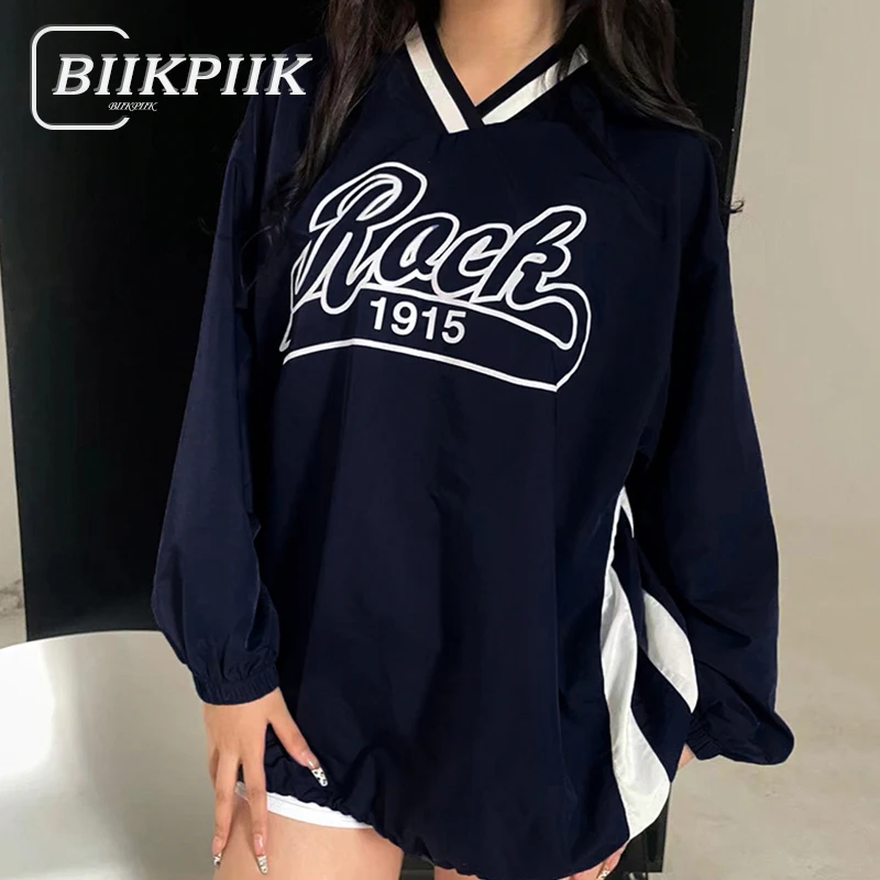 BIIKPIIK-Sudadera larga con capucha y cuello en V para mujer, abrigo informal con estampado de letras y rayas laterales, moda de otoño, combina con todo