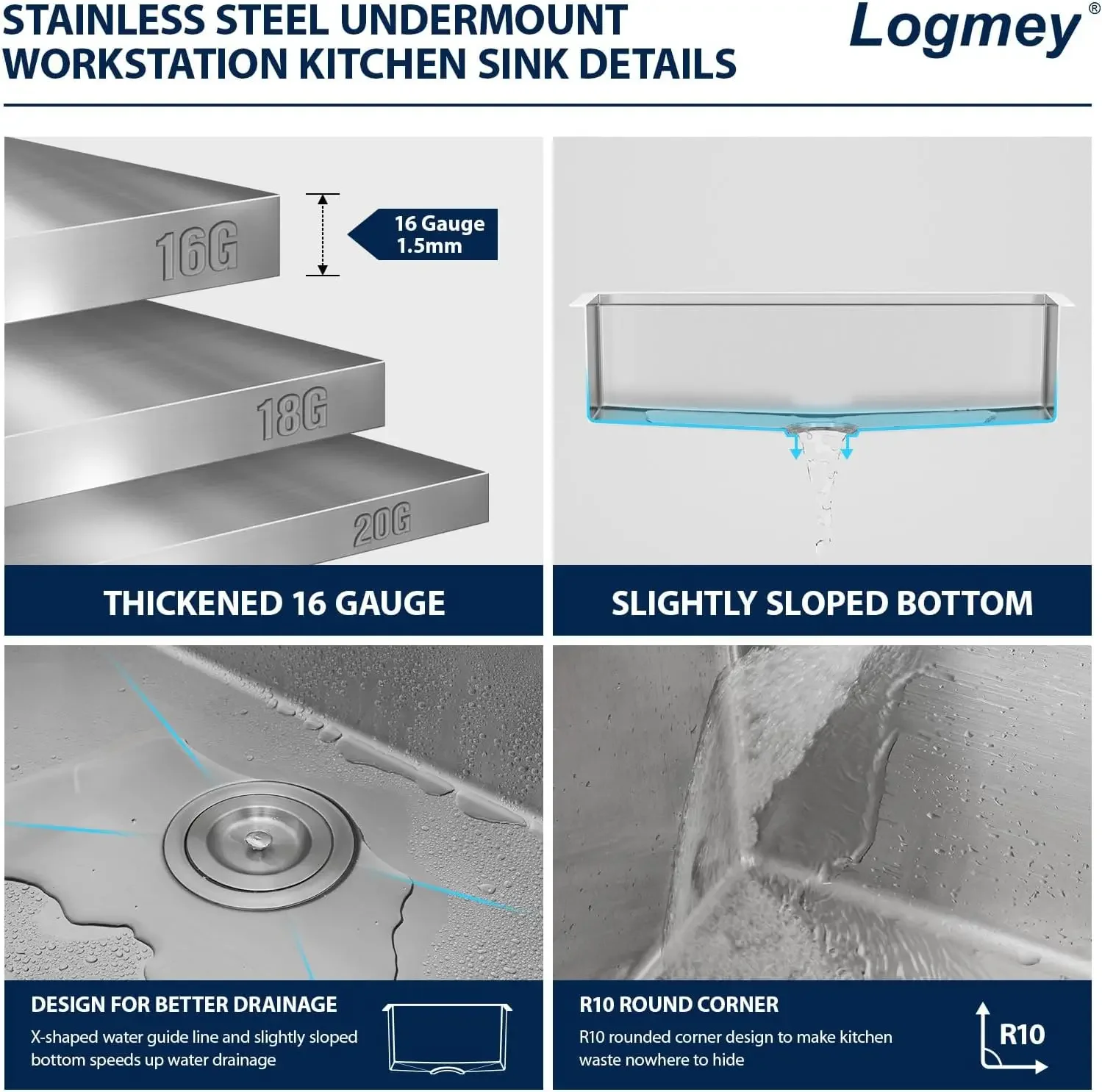 Logmey 33 Inch Undermount Kitchen Sink - 33x19 In Workstation Kitchen Sink Ledge Deep Single Bowl 16 Gauge Stainless Steel Under 6