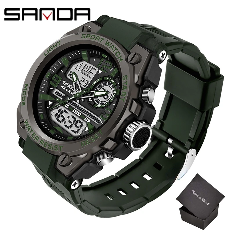 2022 SANDA Quartz 5ATM Waterproof Men Clock Sport Dual Display Electronic Watch Top Brand Military Men's Watch Relogio Masculino 