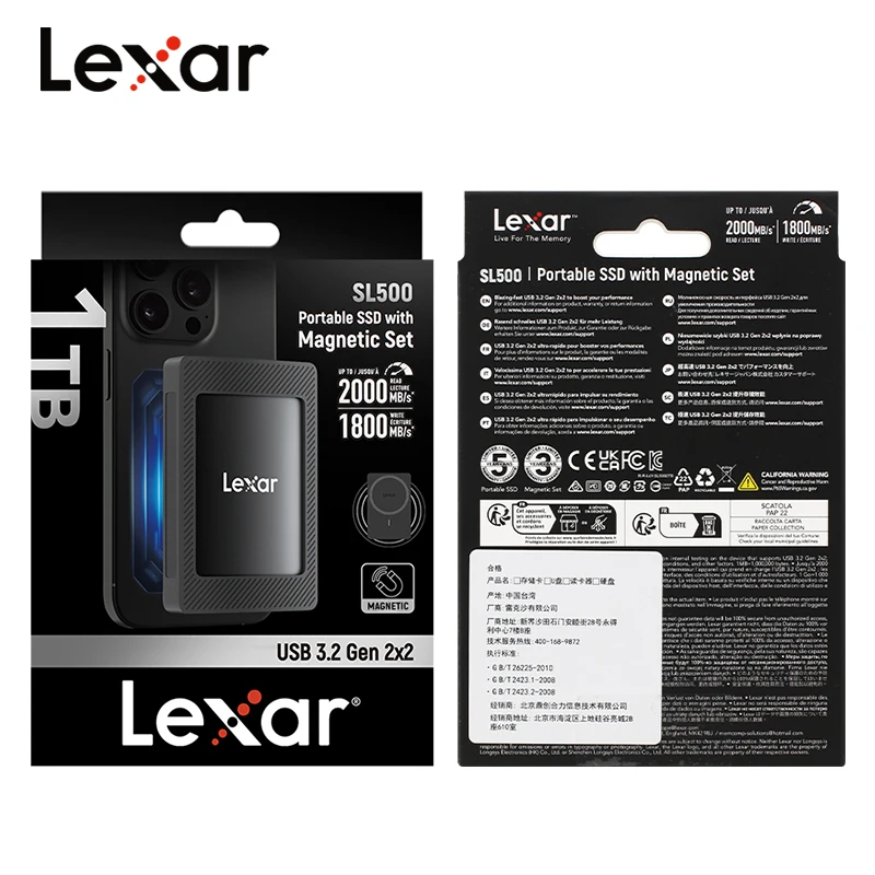 2000MB/s 속도의 Lexar SL500 PSSD 마그네틱 슈트, 간편하게 고정 가능한 USB3.2 Gen2X2 Type-C to Type-C 케이블, PS5/태블릿/노트북/Xbox용 4K 지원