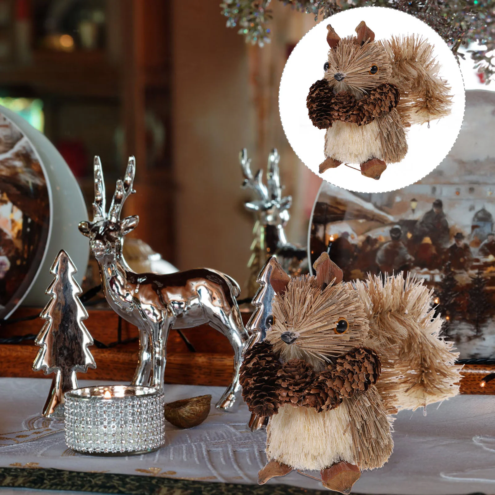 

Christmas Straw Squirrel Landscape Ornament Animals Figurine Outdoor Decoration
