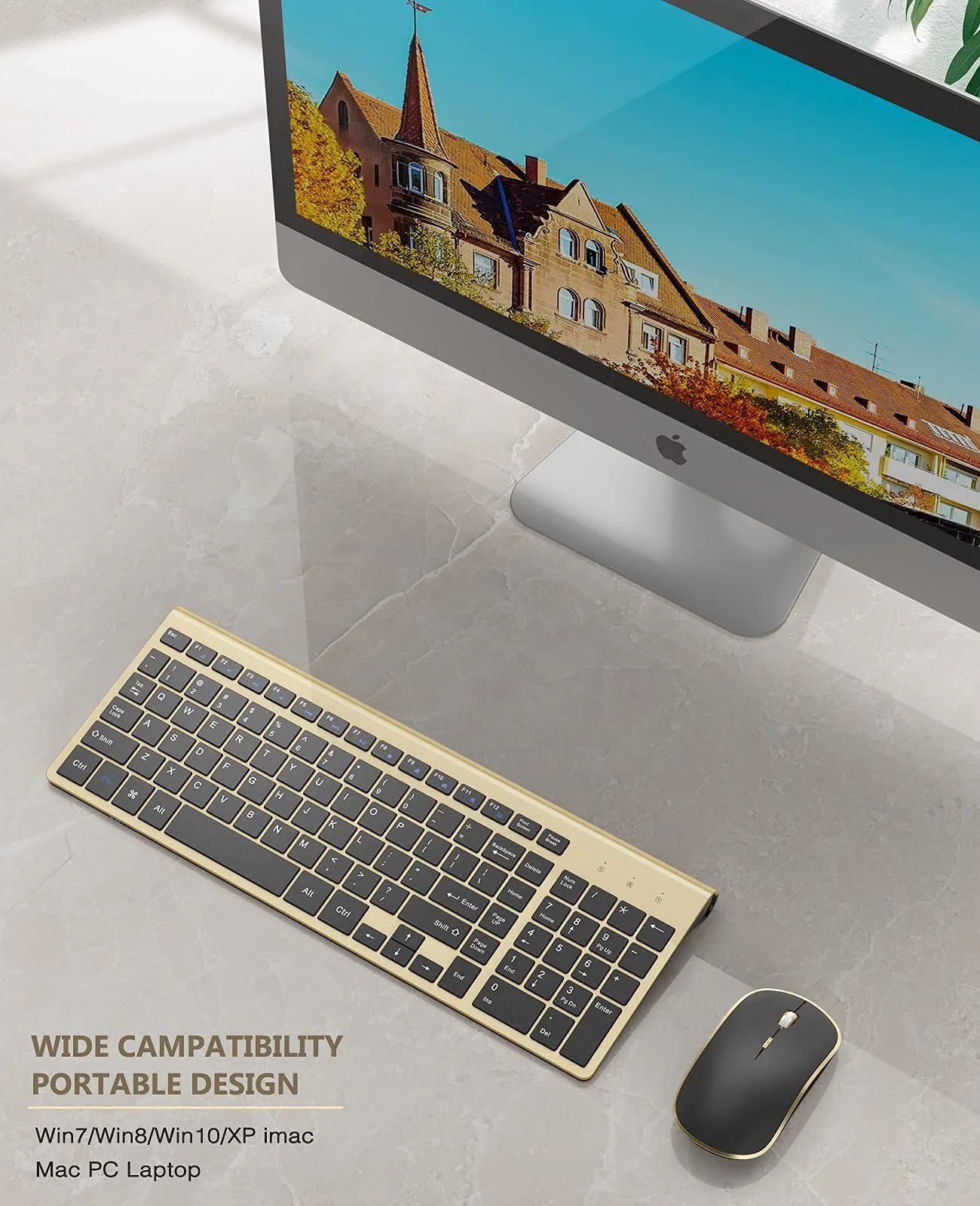 Teclado sem Fio Mouse Combo 2.4g Fino Teclado sem Fio e Mouse Ergonômico Compacto Tamanho Completo Disposição dos Eua para Pc-ouro Preto - Imagem 6