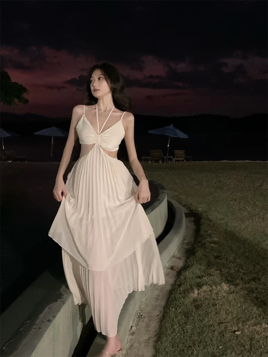 Summer New Fashion Sexy Pleated Holiday Beach Long Dresses for Women Vacation Spaghetti Strap A line Ladies Robe 2025 Sundress