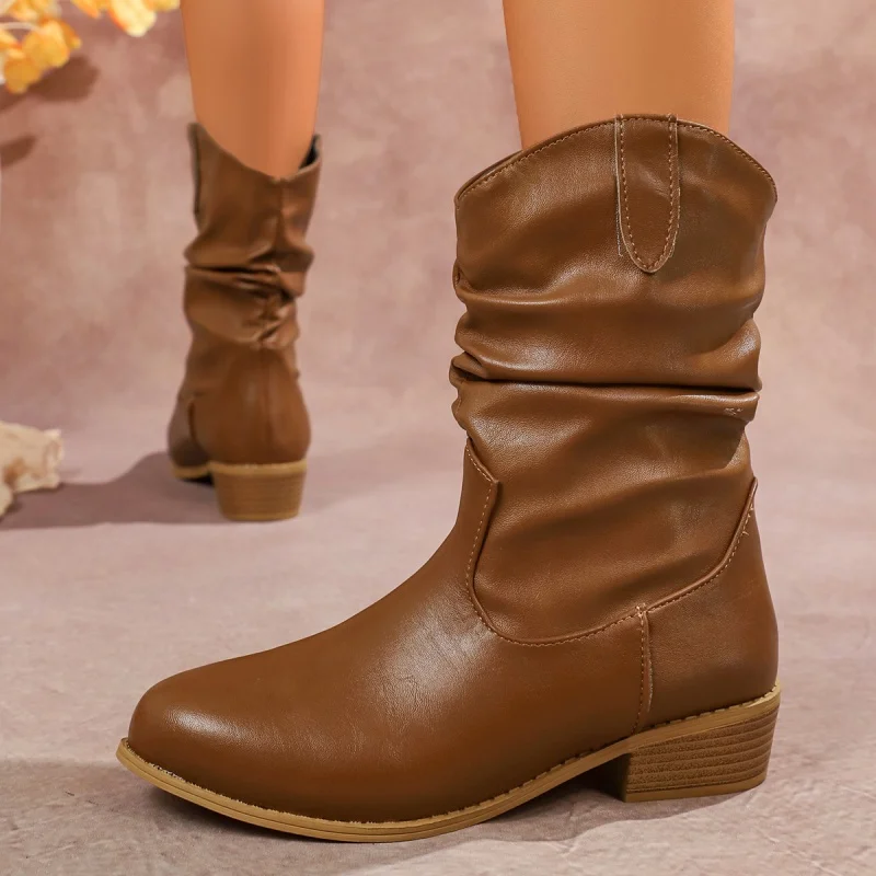 Pleated Cowboy Boots Women Western Style Mid Calf Boots Woman Autumn Winter Plus Size Fashion Chunky Hees Botas Size 36-43