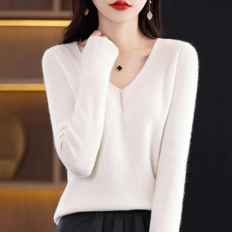 

Women's Sweater 2023 Autumn Winter Cashmere Pullovers Soft Jumpers V--neck Bottoming Shirt Long Sleeve Fashion Korean Knit Tops