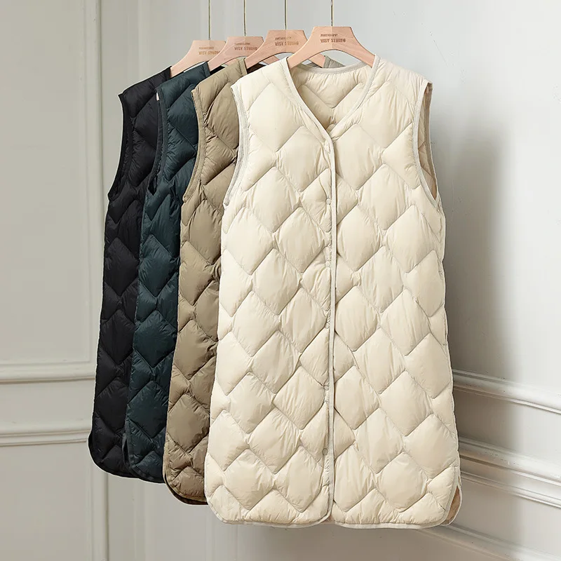 

Light Oversize White Down Vest Women Mid-Length V-neck Autumn Winter Waistcoat Light Down Liner Large Size Waistcoat Women