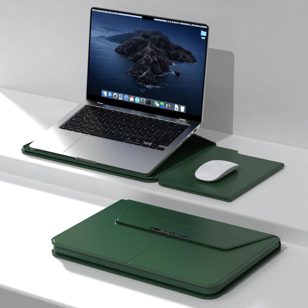 Premium PU Leather Laptop Sleeve Case with Built-In Stand