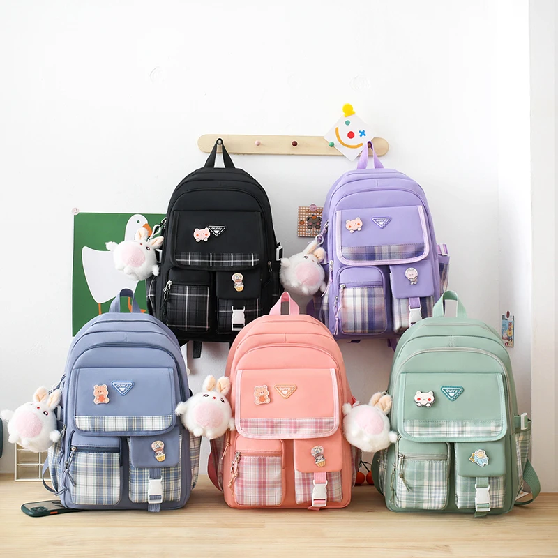 

4 Pcs Sets school bags for girls Kids Plaid design Bookbag mochilas Backpack Children's School Backpack Kawaii Women's Backpack