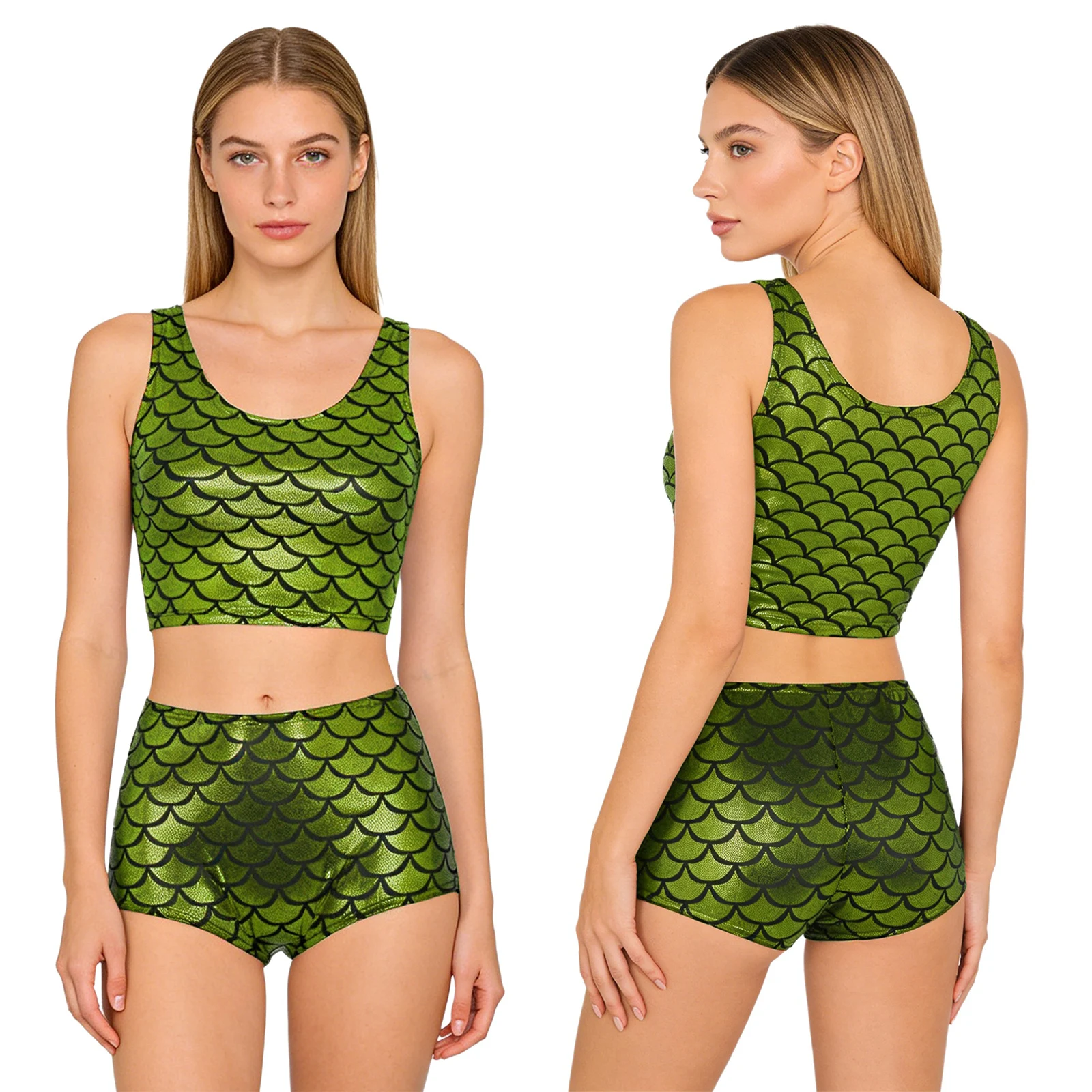 Damen Metallic Meerjungfrauen-Fischschuppen-Bikini Badeanzug Ärmelloses Crop-Top Shorts Zweiteiliger Badeanzug Strand Pool Schwimmanzug – Detail 8