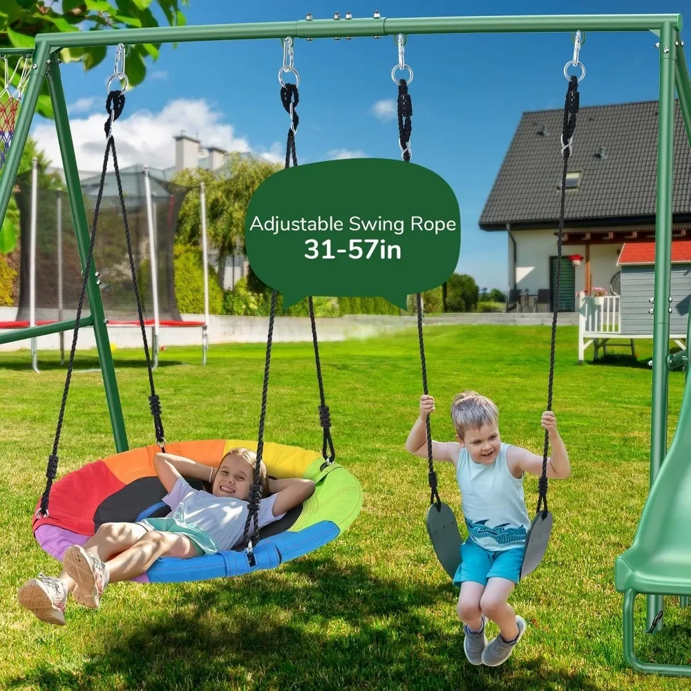 440 Pound Backyard Swing Set with Slide, Children's Outdoor Amusement Park, Heavy Metal Toys, UFO Swing, Belt Swing