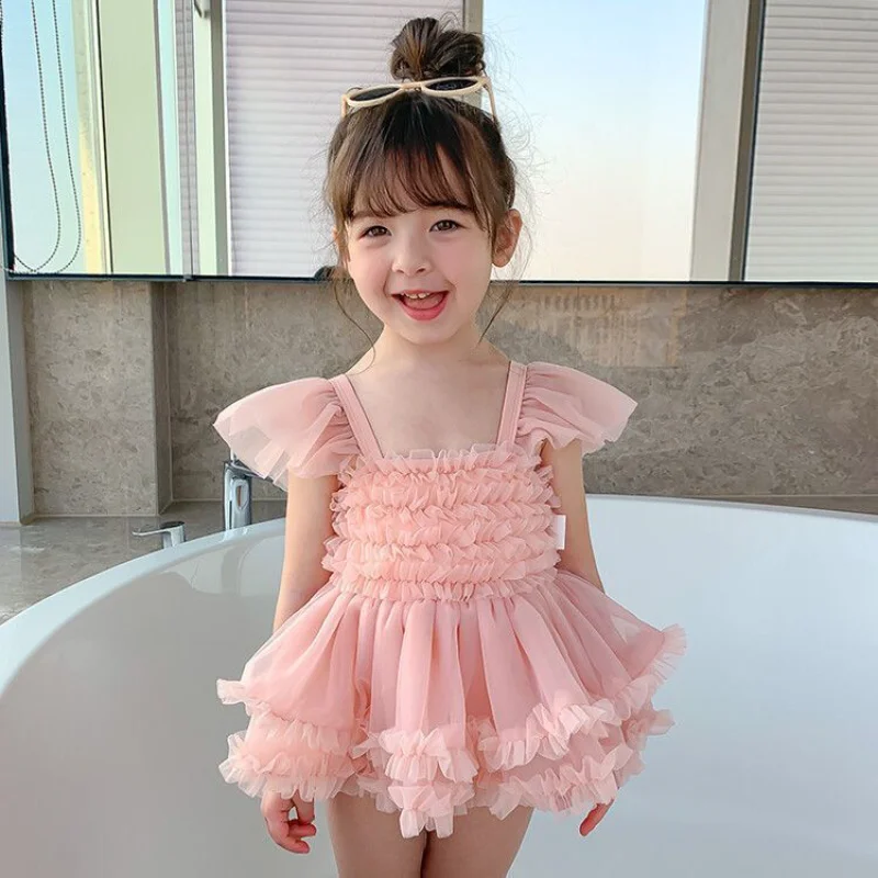 

Child Birthday Mesh Dress for Baby Girl Mini Princess Dress New Summer Pink Sling Sleeveless Appliques Clothes Swimwear