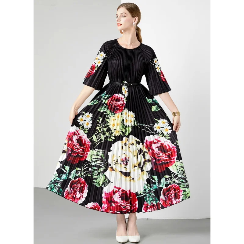 

2023 New Fashion Round Neck Printed Dress Women's Summer Retro Versatile 3/4 Sleeve Loose Fit Casual Holiday Dress Vestidos
