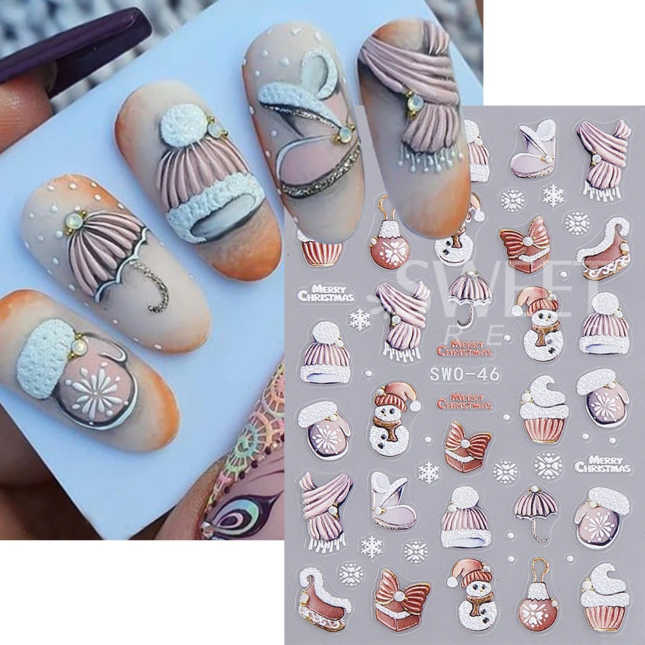 2pcs Embossed Christmas Nail Stickers Winter Sweater Gloves Hat Snowman Nail Decals DIY Manicure Decoration Slider Nail Supplies