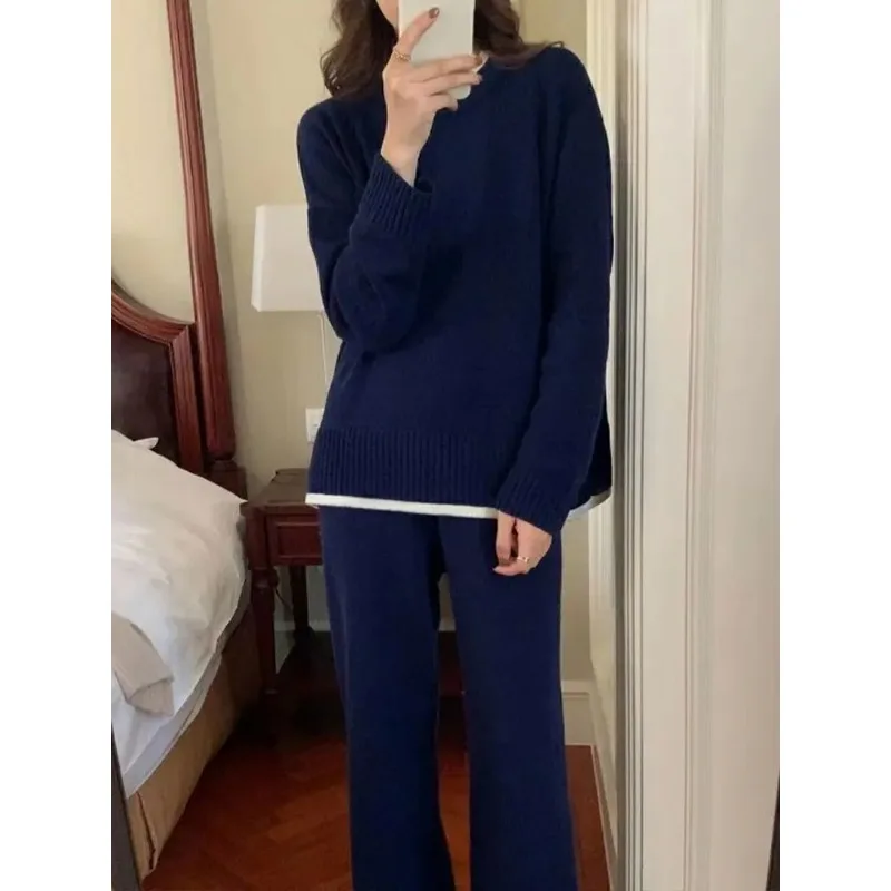 

Casual Loose 2 Pieces Knitted Set Female Long Sleeve Patchwork Pullovers & Wide Leg Trousers Winter Sweater Women N422