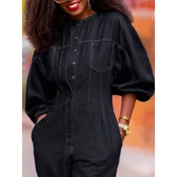 Streetwear Denim Jumpsuits Women 2026 Vintage Puff Sleeve O-Neck Button High Waist Pockets Bright Line Decoration Jumpsuit - Image 3