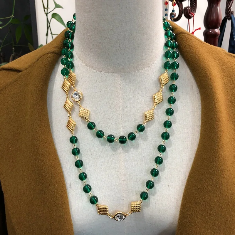 

European and American New Vintage Emerald Blue Glass Bead Long Necklace