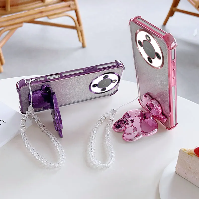 Shockproof Phone Case with Rabbit Makeup Swivel Stand and Crystal Lanyard