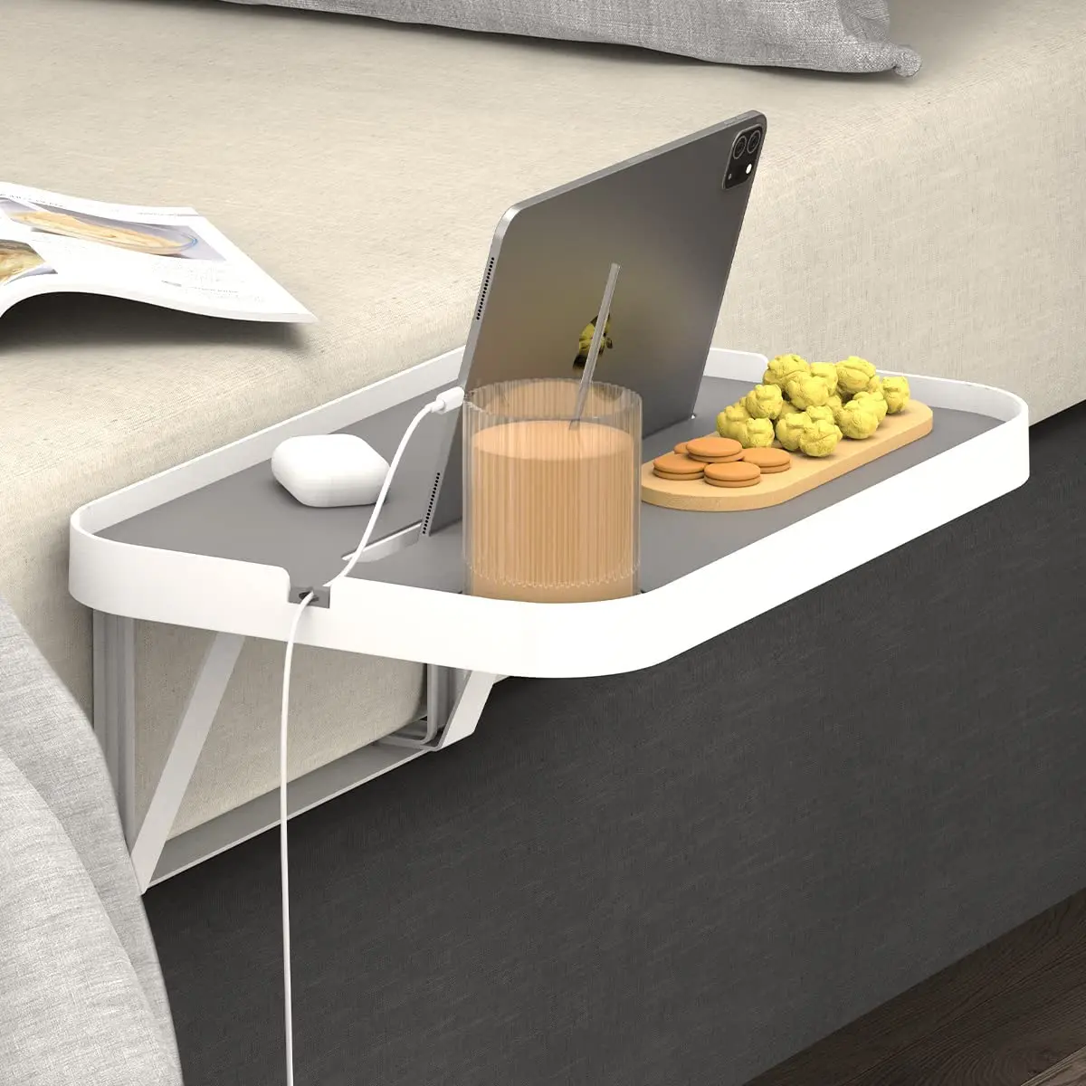 Prateleira de Armazenamento de Cabeceira Portátil Metal Bed Head Rack Mesa Rack Suporte Tablet Bandeja Lateral de Cama para Laptop Telefone Bebida Livro
