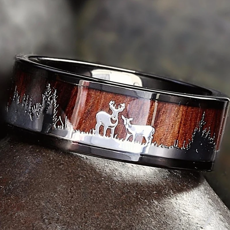 NUOBING Black Stainless Steel Hunting Ring Wedding Band Wood Inlay Deer Stag Silhouette Ring For Men Women Charm Jewelry Gift