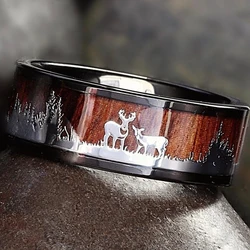 NUOBING Black Stainless Steel Hunting Ring Wedding Band Wood Inlay Deer Stag Silhouette Ring For Men Women Charm Jewelry Gift