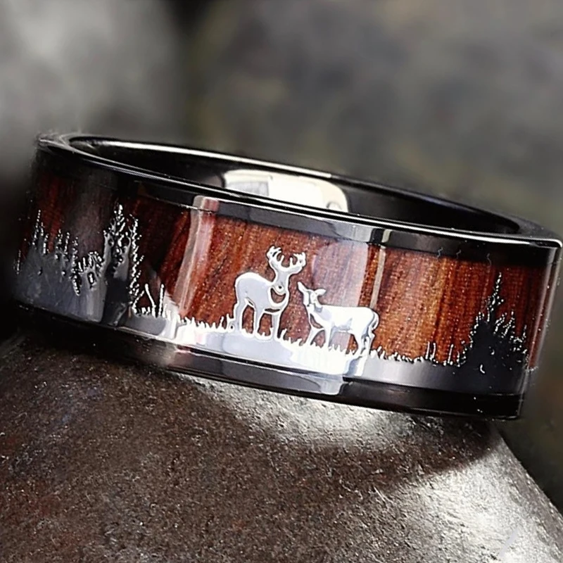 NUOBING Black Stainless Steel Hunting Ring Wedding Band Wood Inlay Deer