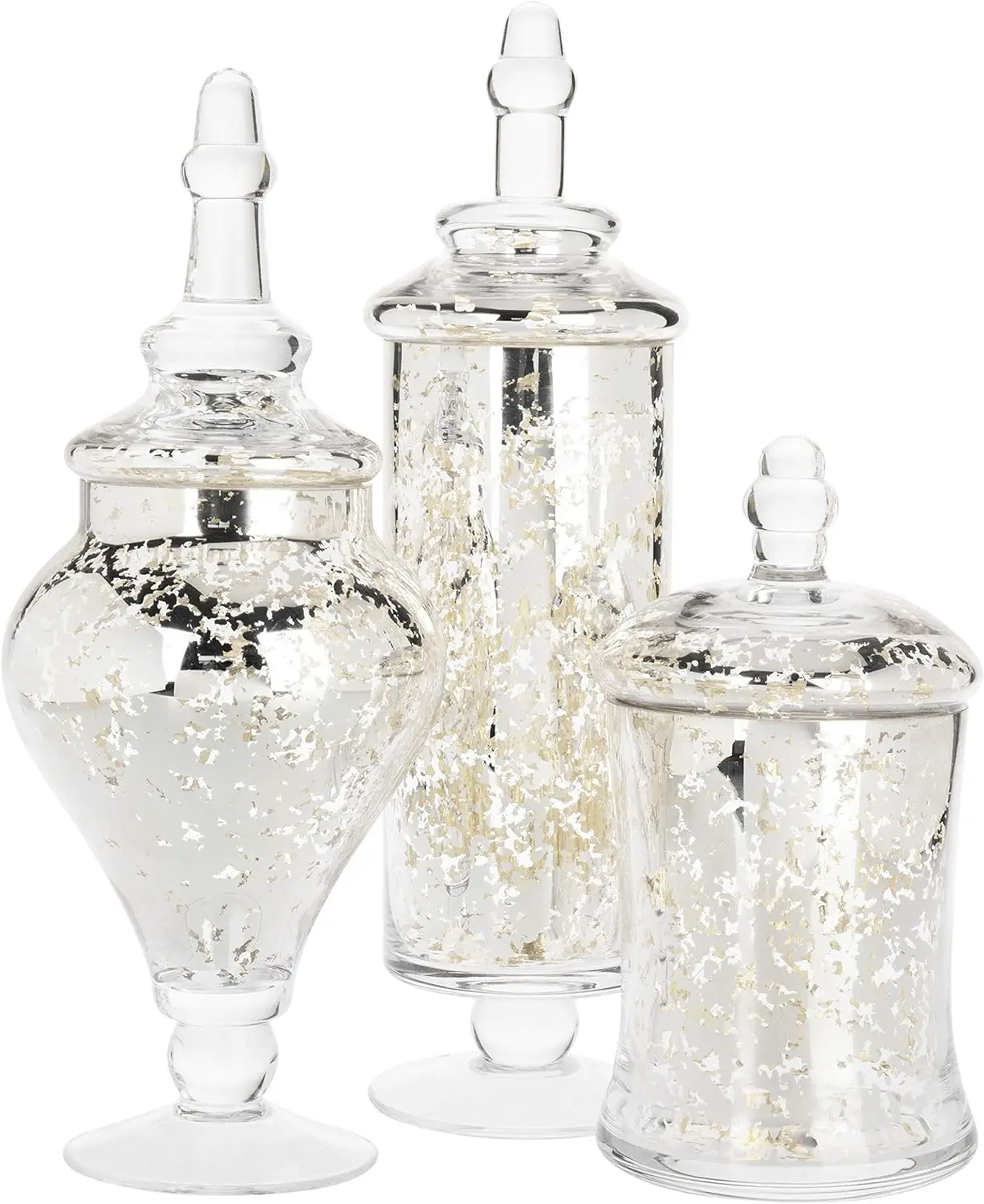 

of 3 Silver Mercury Glass Apothecary Jars, Weddings Centerpiece Candy Buffet Garrafa de vidro whisky Three galloon beverage disp