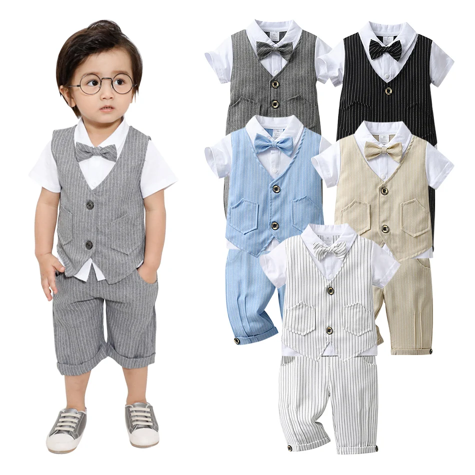 

Little Boys Baby Formal Suits Performance Clothes Gentleman Bow Tie Shirt Waistcoat Faux Two Piece Top with Shorts Gentleman Set