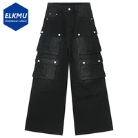 Men Vintage Baggy Jeans Multi Pocket Cargo Denim Pants Black Loose Wide Leg Jeans Trouser 1