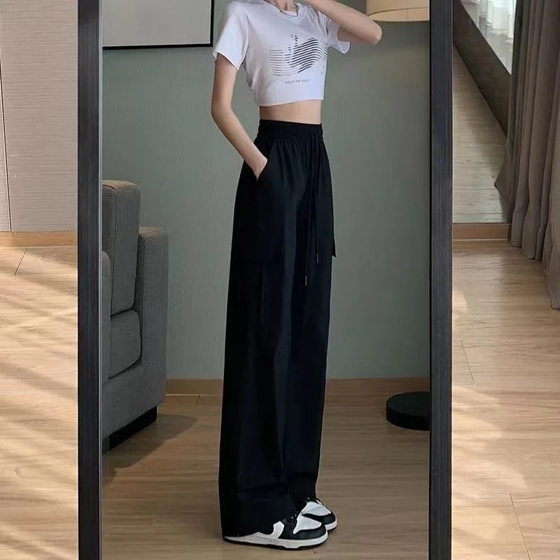 Women's Solid Spring Autumn High Waist Pockets Drawstring Elastic Casual Sports Wide Leg Workwear Trousers Office Lady Pants