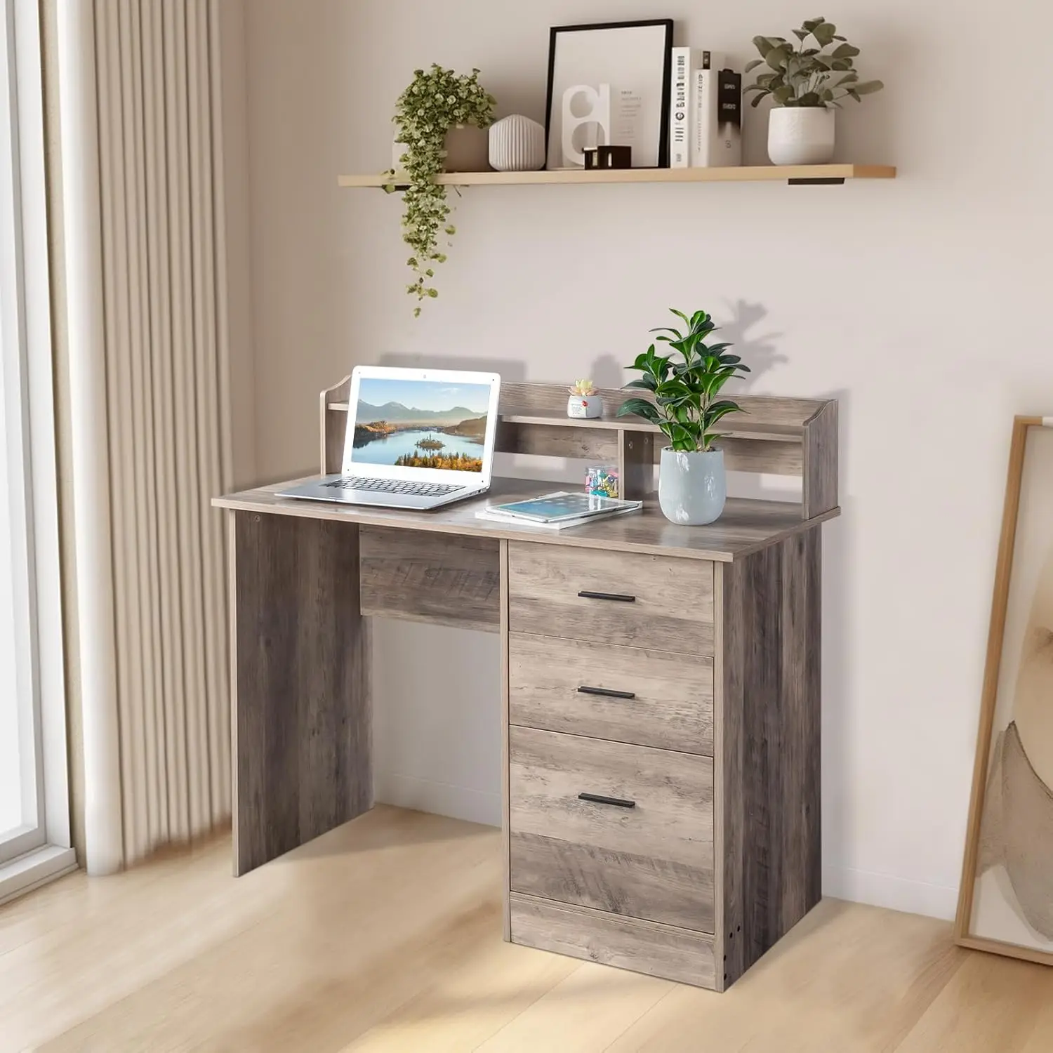 Grey Computer Desk with Drawers ＆ Hutch, Modern Home Office Desks with Storage for Kids Students Teens Small Wood Table for Work