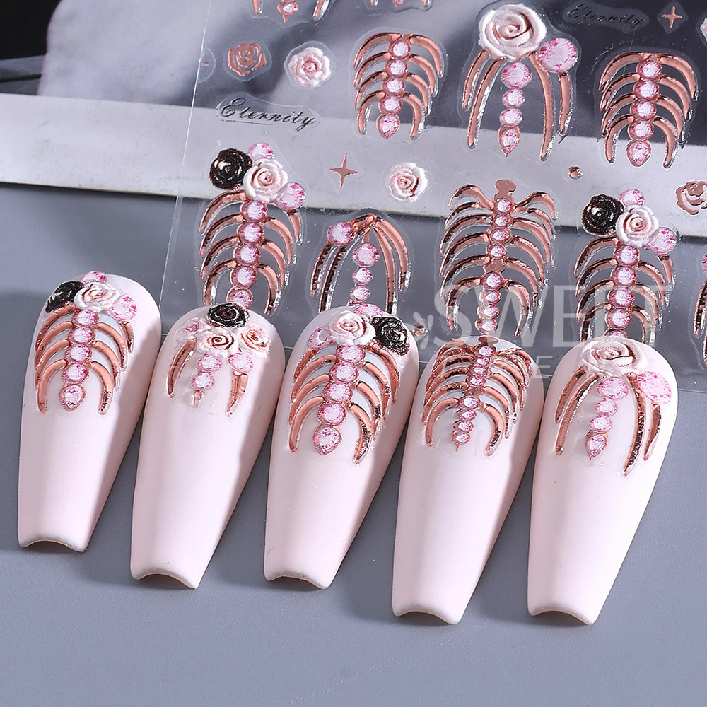 2/4pcs 5D Embossed Skeleton Hand Halloween Nail Art Stickers Gothic Golden Skull Slider Decals Manicure Decoration Accessories