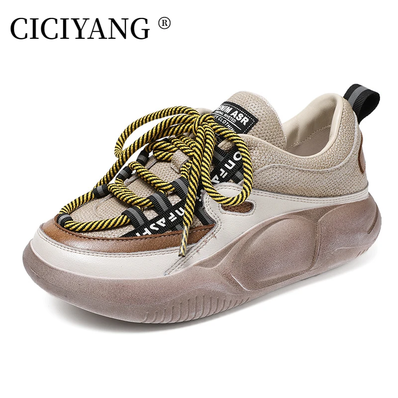 

CICIYAGN Women Sneakers Genuine Leather 2023 New Spring Low-top Casual Shoes Ladies Lace-up Chunky Platform Shoes Women Handmade