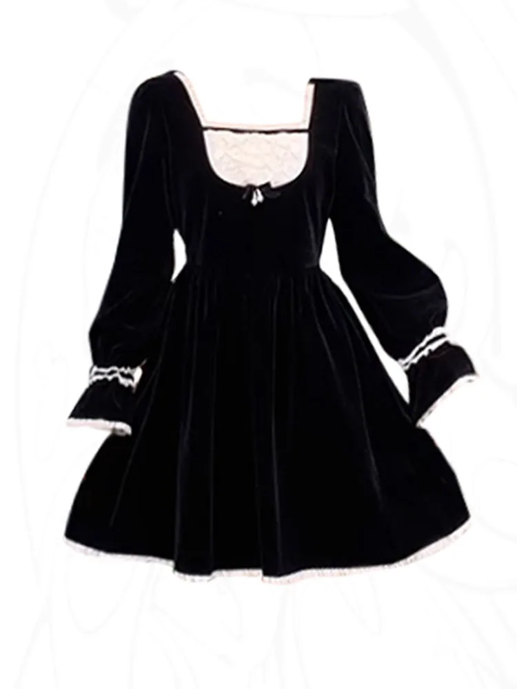 

Women Vintage Evening Birthday Square Collar Black Midi Fairy Core Dress Court Lace Frocks One-Piece Prom Gown Banquet Velvet