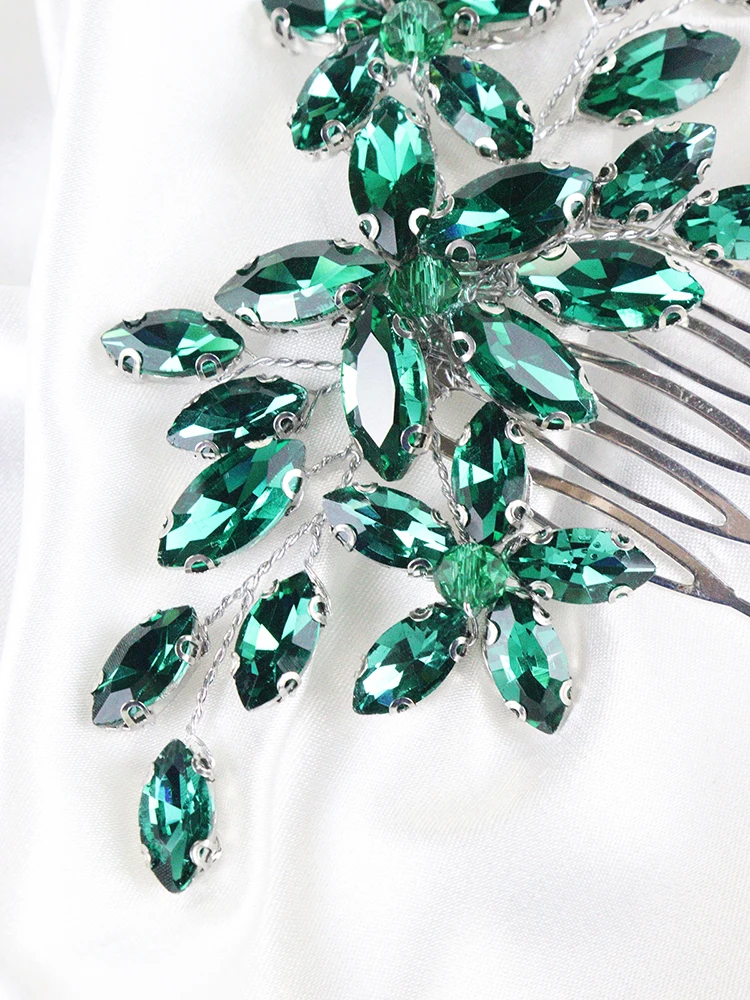 Green Rhinestone Hair Comb Bohemian Bridal Hair Accessories for Women Girls Handmade Wedding Head Jewelry Party Prom Clips