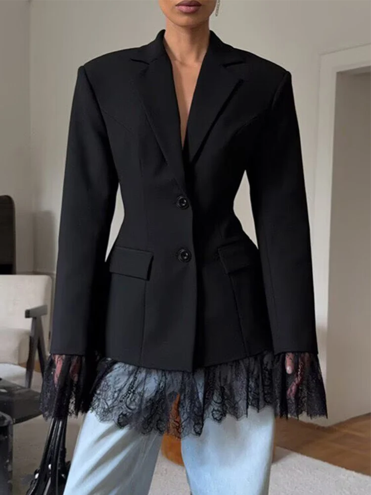 Autumn New Women Fashion Suit Coat Solid Color Elegant Lace Splicing Design Fashion Commuting Long Sleeved Coats Chic Slim