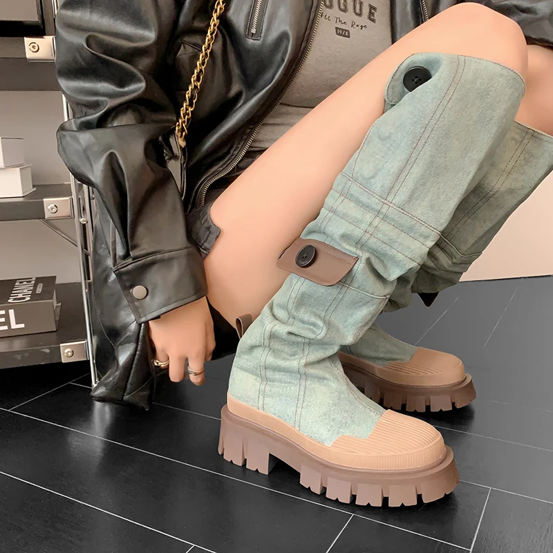 

2023 new autumn winter Women knee-high boots 22-25CM denim+pigskin modern boots mixed colors Slimming boots button long boots