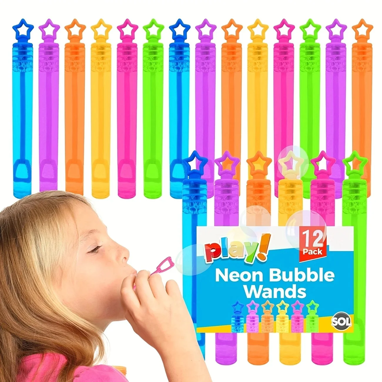 12 Stück Neon-Blasenstäbe – bunte Party-Geschenk- und Spielzeugfüller aus Kunststoff für Kinder, lustiges Aktivitätsspiel mit sternförmigen Ausblasen